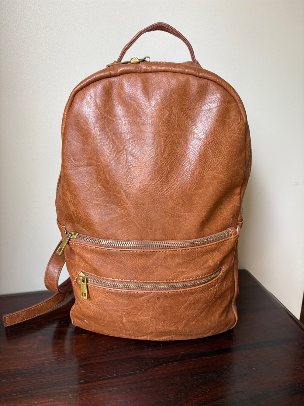 Classic Cognac faux  Leather Backpack - Women's Everyday Carry